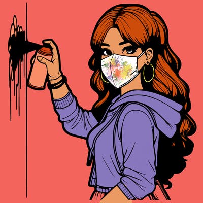 realistic girl with mask spray painting a wall