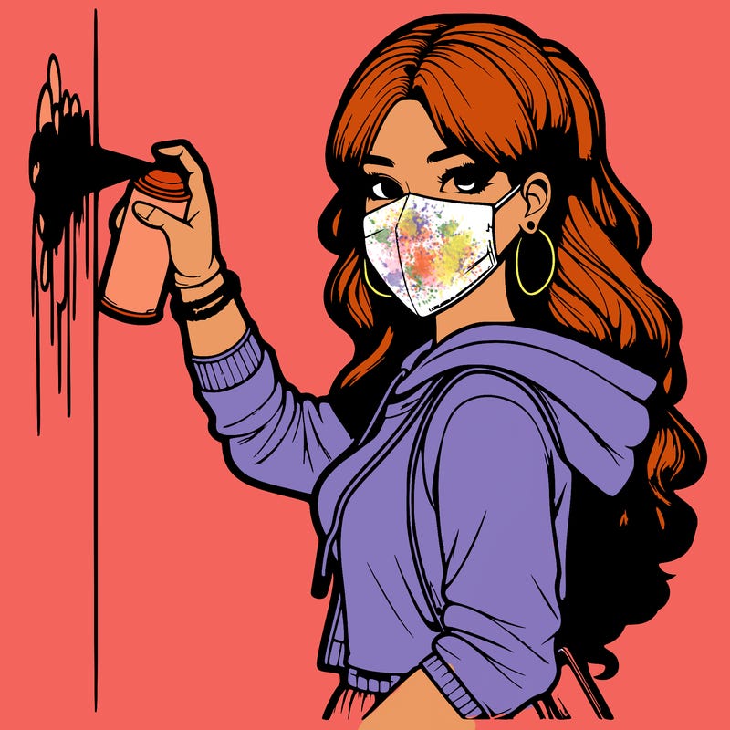 realistic girl with mask spray painting a wall