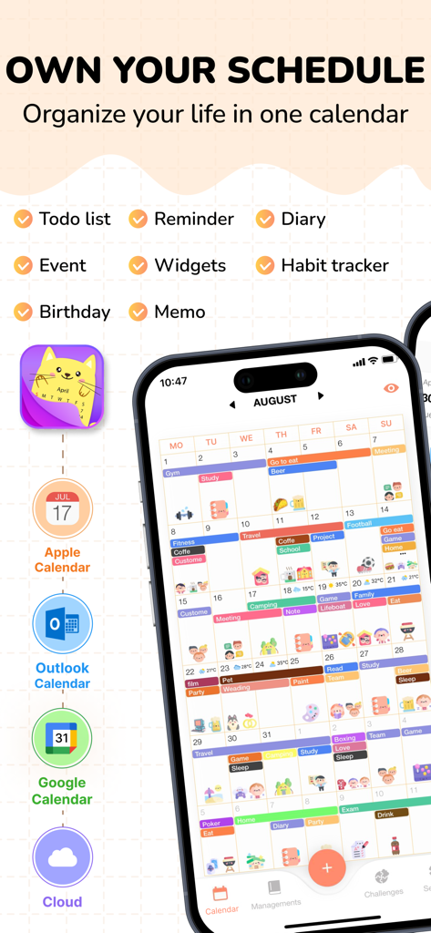 iPhone screen showing the Cute Calendar app with a colorful monthly schedule filled with decorative stickers and task integrations