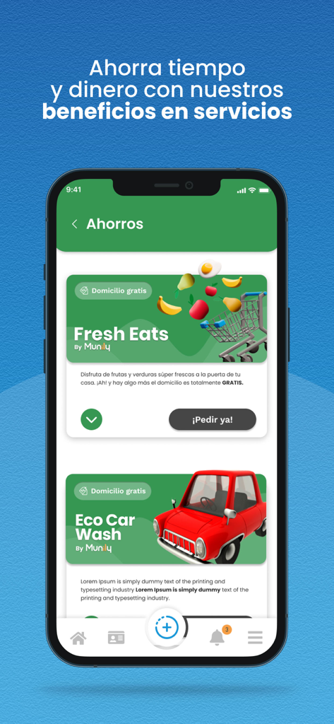 Mobile app screen showing exclusive discounts on grocery delivery and car wash services for residents
