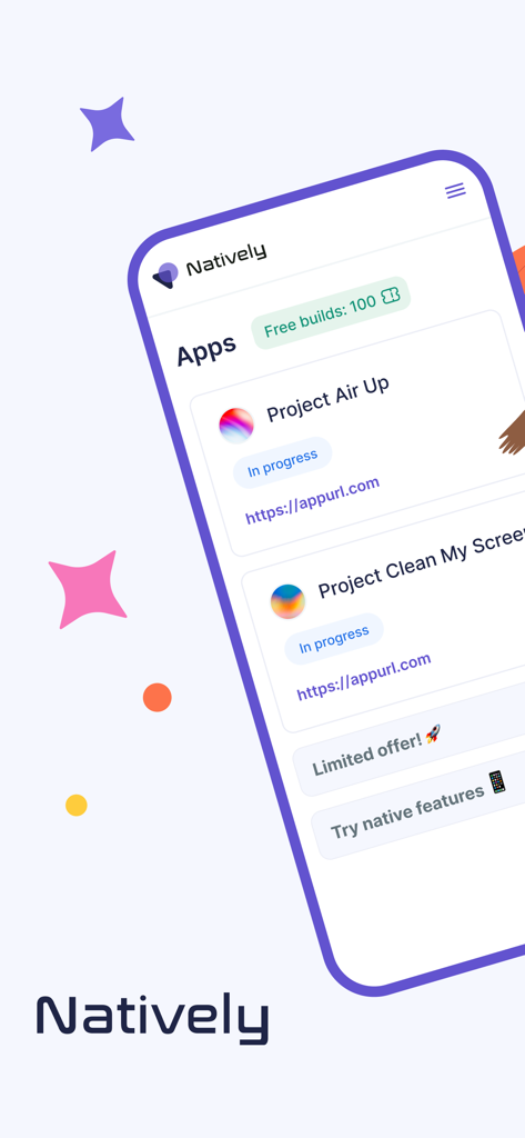Natively Preview - Painel do aplicativo Natively Preview exibindo os projetos atuais de apps sem código