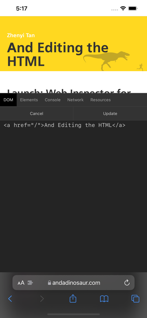 Interface de l'application mobile Web Inspector pour l'édition des éléments DOM HTML