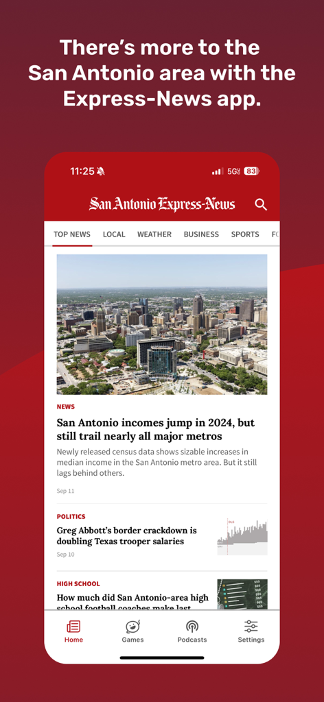 San Antonio Express-News - Pantalla de inicio de la aplicación móvil San Antonio Express-News que muestra titulares de noticias locales y vista de la ciudad