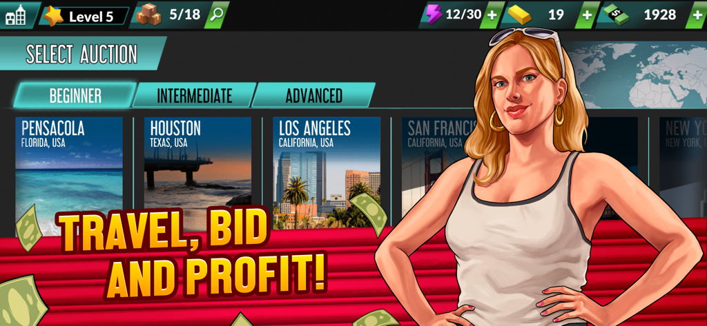 A menu screen in Bid Wars 2 showing beginner auction locations in Pensacola, Houston, and Los Angeles with a female character and travel text