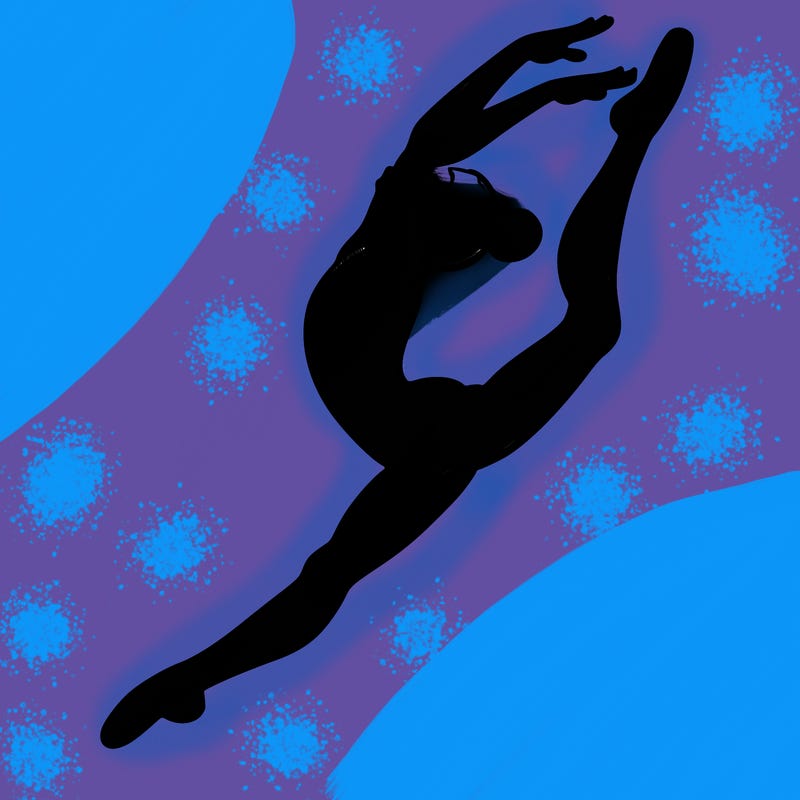 gymnast doing a leap in a leotard with a bent back leg