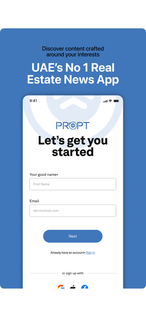 Anmeldebildschirm für die PROPT Real Estate News App mit Feldern für Name und E-Mail