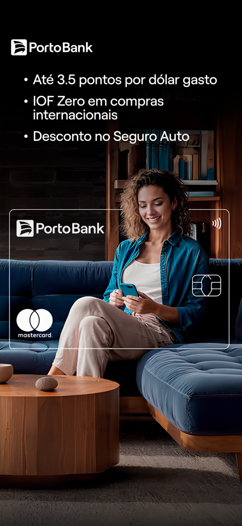 Porto: Conta Digital e Seguros - Porto Bank credit card features including zero IOF on international purchases and reward points