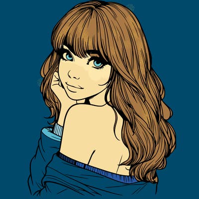 realistic girl with bangs looking over her shoulder