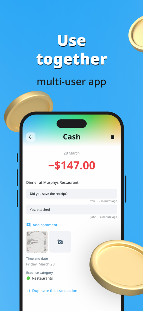 Expense Tracker. Money Manager - Mobile App-Oberfläche, die die Zusammenarbeit mehrerer Benutzer an gemeinsamen Restaurantkosten mit Beleganhang zeigt
