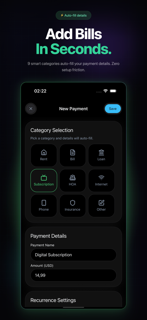 Last Payment: Bill Tracker - Interfaz de la aplicación Last Payment mostrando la pantalla Nueva Factura con categorías como Alquiler y Suscripción para rastrear gastos