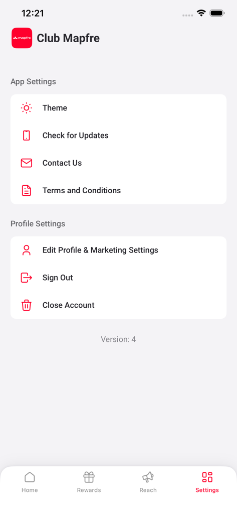 Club Mapfre - La pantalla de configuración de la aplicación móvil Club Mapfre que muestra el perfil del usuario y las opciones de la aplicación