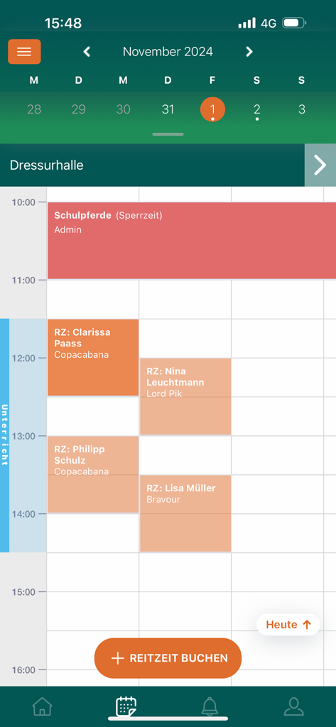 A mobile app interface showing a daily schedule and booking status for a dressage arena