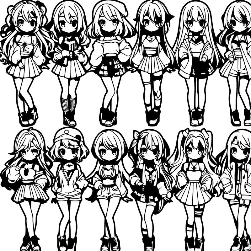 ten girls in a horizontal line anime themed that look unique and pretty and each on is different. they are wearing different shirts and pants (or skirts.)
