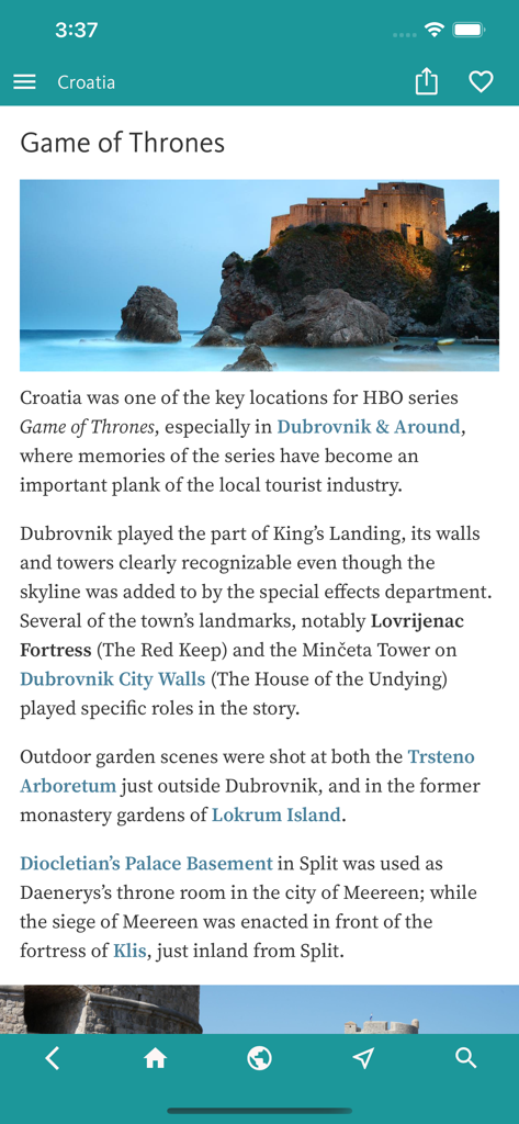Croatia’s Best: Travel Guide - 두브로브니크의 로브리예나츠 요새를 포함한 왕좌의 게임 촬영지를 자세히 설명하는 크로아티아 최고의 여행 가이드 앱의 스크린샷.