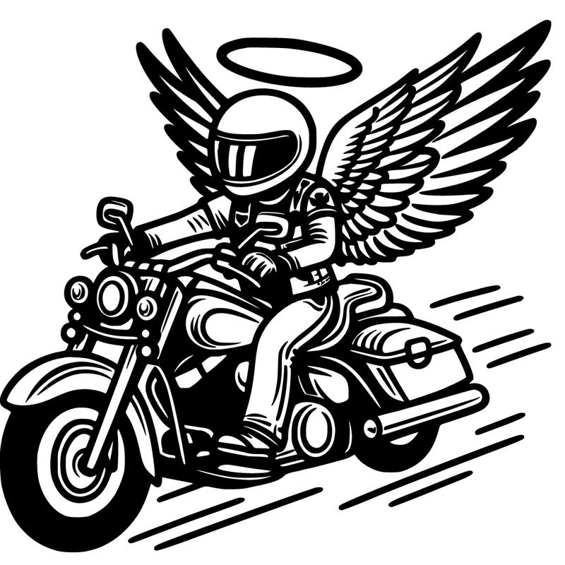 biker riding motorcycle with angel wings
