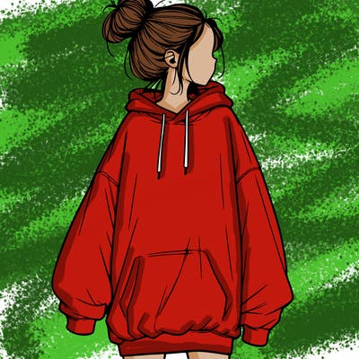 realistic girl with a oversized sweatshirt on and a bun