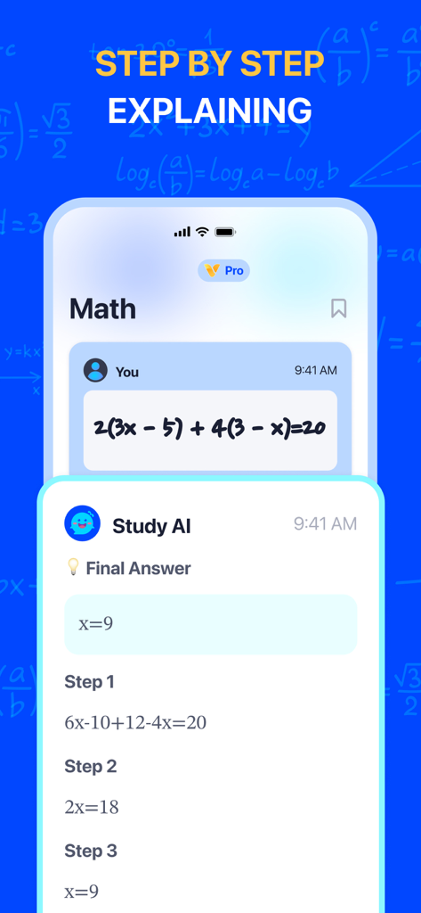 Study AI - Homework Helper - Study AI app interface showing step by step explanation for a math equation