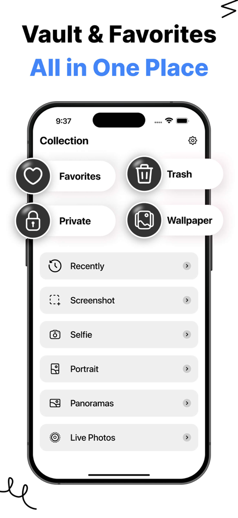 Gallery – Photo Vault - Screenshot of the Gallery Photo Vault app showing the collection screen with private albums and smart photo categories