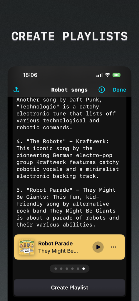Petey - AI Chat - Petey AI chat app interface showing AI generated song suggestions and a button to create an Apple Music playlist