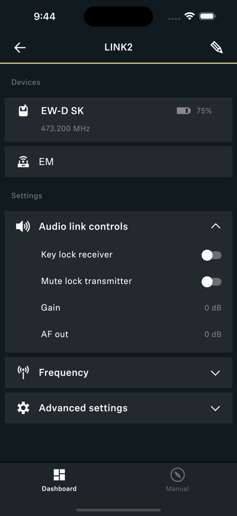 Smart Assist - Smart Assist app dashboard showing audio link controls and device battery status for Sennheiser wireless systems.