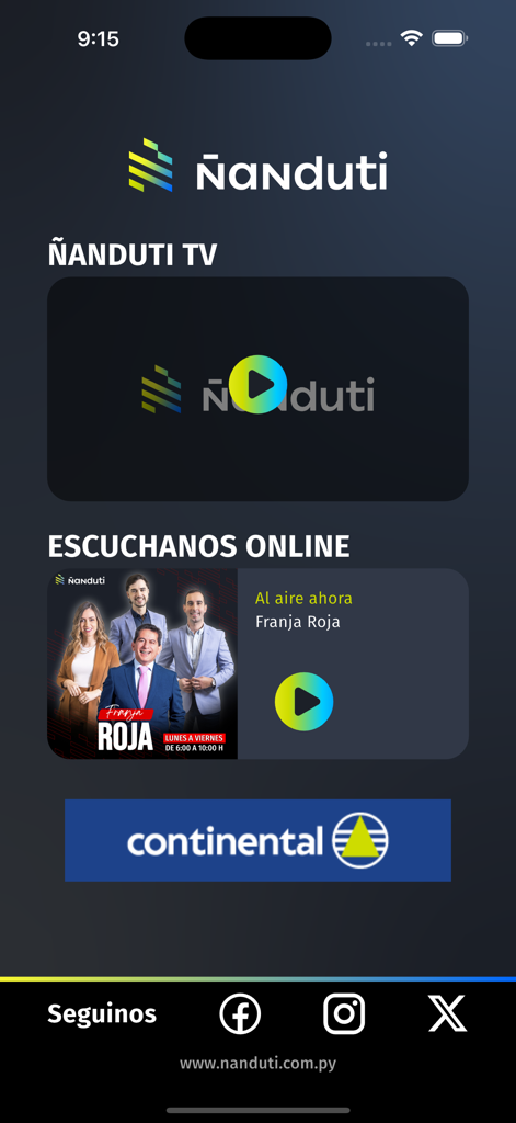 Ñanduti - Pantalla de inicio de la aplicación Nanduti mostrando opciones de transmisión de radio y TV en vivo de noticias y cultura paraguaya
