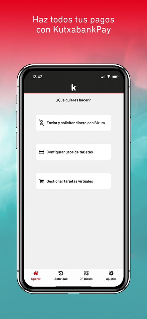 Pantalla principal de la aplicación KutxabankPay con opciones para pagos Bizum y gestión de tarjetas.