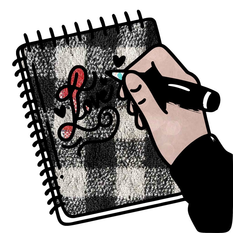 a hand writing “love” in calligraphy on a notebook