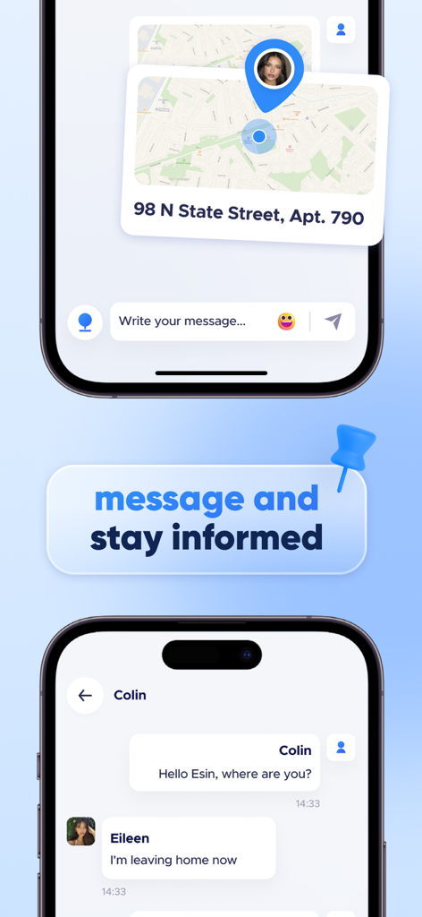 Locate X - Find Location - Pantallas de la aplicación Locate X que muestran rastreo de ubicación y mensajería de chat familiar