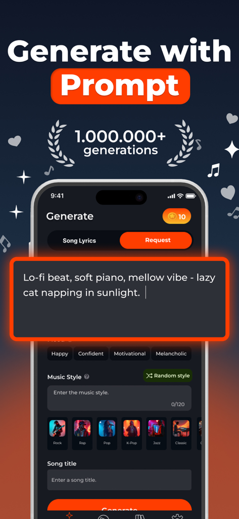 AI Song Generator - Rexa - Screenshot of Rexa AI Song Generator showing a text prompt for creating a lo-fi beat with a mellow vibe.