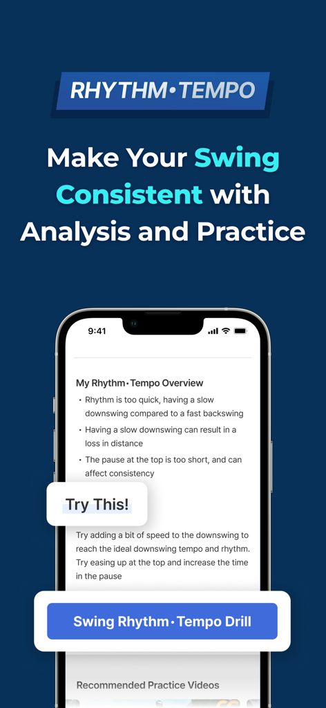 Interfaz de la aplicación GolfFix que muestra análisis personalizado del ritmo y tempo del swing con ejercicios de práctica recomendados