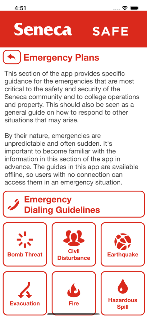 Seneca Safe mobile app interface showing a list of emergency response plans including fire evacuation and bomb threat guides