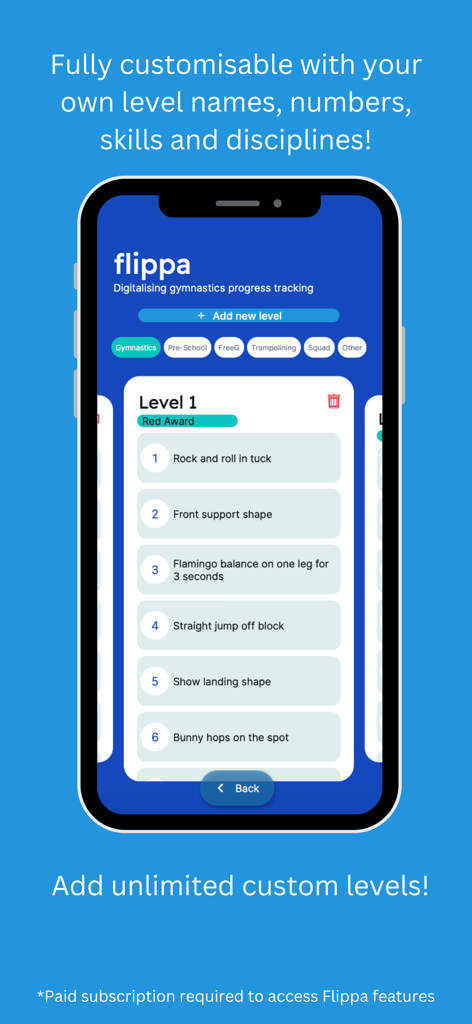 Flippa - Flippa mobile app interface for creating custom gymnastics levels and skill lists
