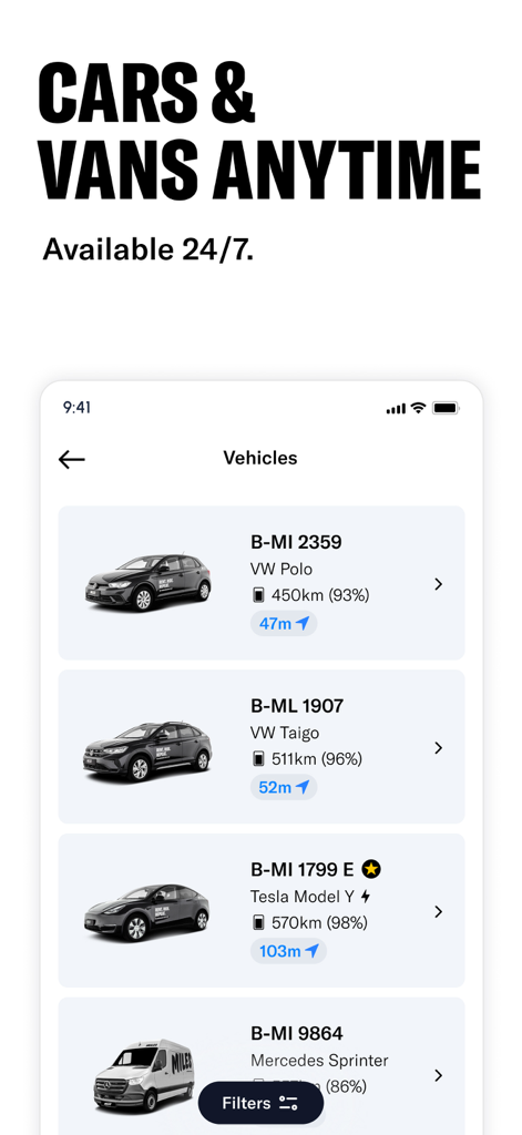 Interface of the MILES app showing a list of available cars and vans for sharing