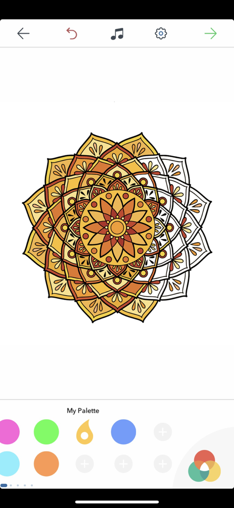 Cool Mandala Coloring Pages - A partially colored mandala with warm orange and yellow tones in a digital coloring app interface.