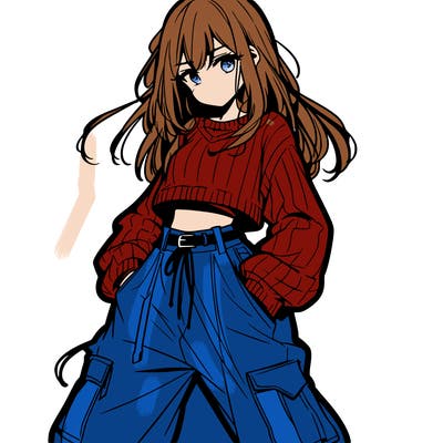 anime teen girl with baggy pants and crop top with sweater