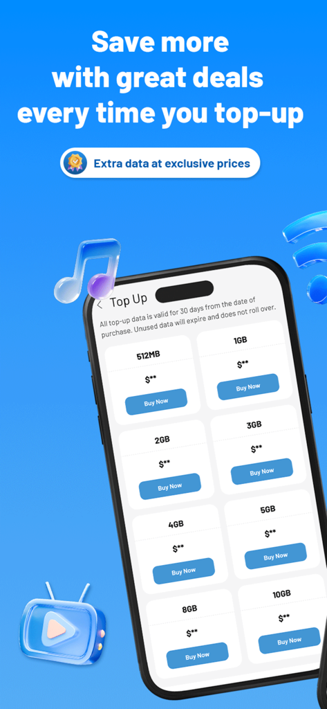 AirTalk Wireless - Interface de l'application AirTalk Wireless affichant diverses options de recharge de données allant de 512 Mo à 10 Go pour que les utilisateurs achètent des données mobiles supplémentaires.