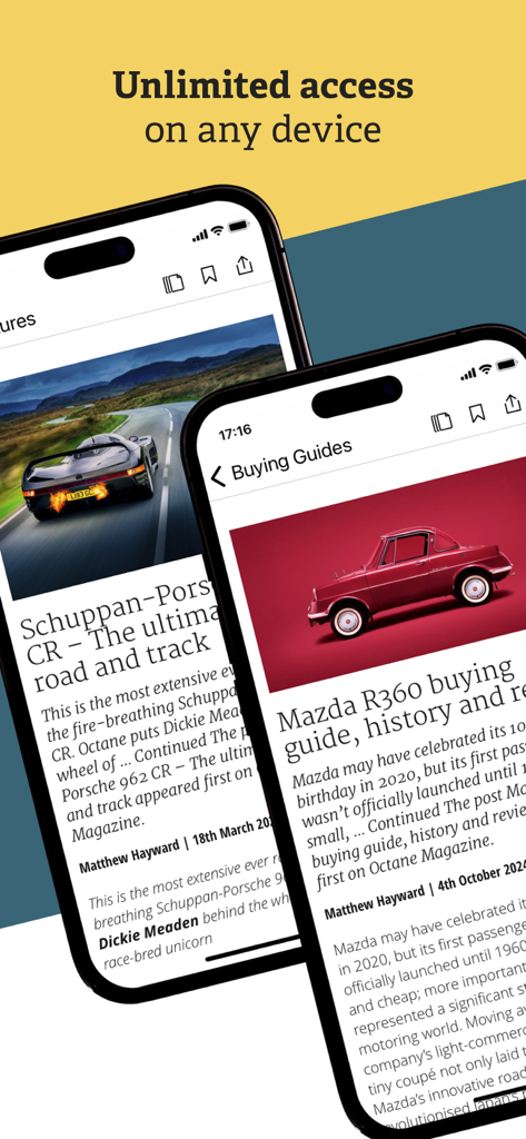 Octane Magazine app showing classic car buying guides and articles on mobile devices