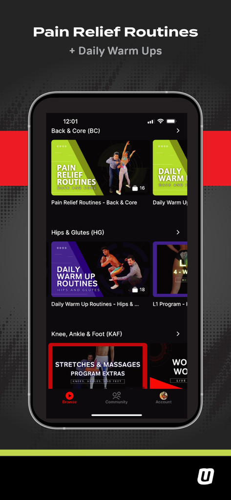 MoveU - MoveU mobile app screen showing categorized pain relief routines and daily warm up videos for different body regions