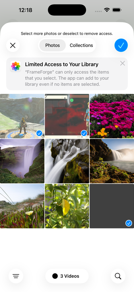 FrameForge Go - iOS interface showing video library selection for FrameForge Go