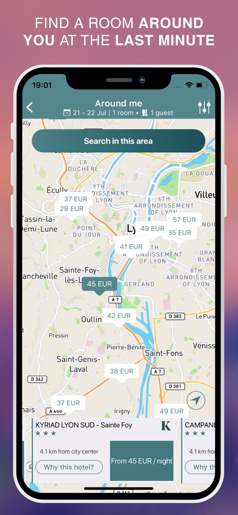 App Louvre Hotels Group mostrando un mapa con precios de hoteles para estancias de última hora en Lyon, Francia.