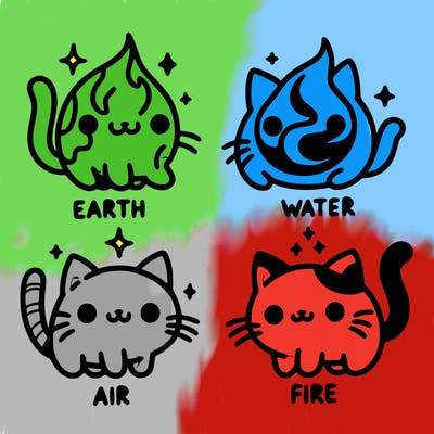 4 cats that represent the different elements, earth, water, air, and fire