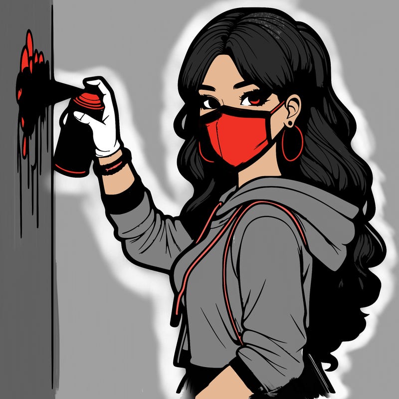 realistic girl with mask spray painting a wall