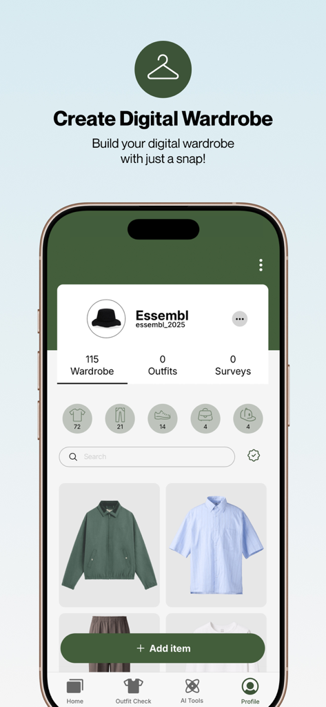 Smartphone screen showing the Essembl app digital wardrobe interface with categorized clothing items and an add item button