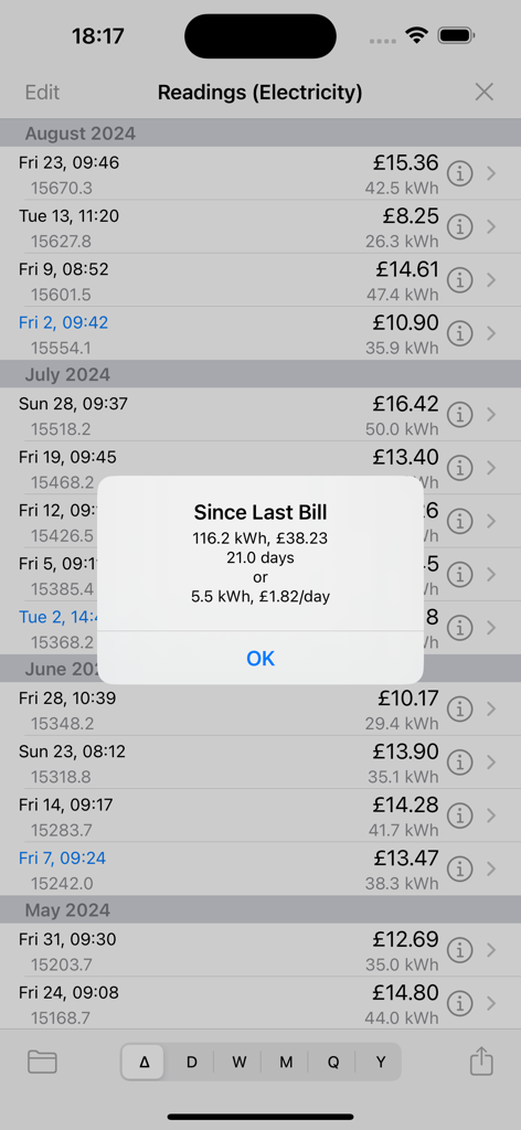 Meter Readings - Meter Readings app displaying a list of electricity meter entries and a summary popup showing costs since the last bill.