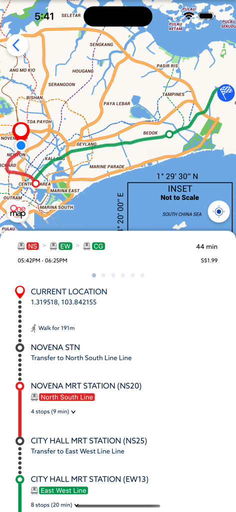 OneMap SG - Interface of OneMap SG app showing a public transport route with MRT station stops in Singapore