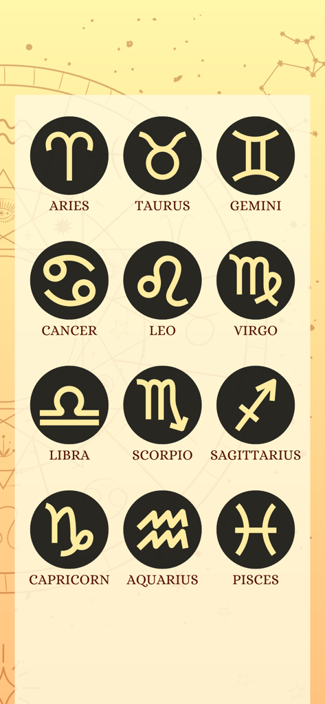 A grid displaying the symbols and names of all twelve zodiac signs from Aries to Pisces in a lifestyle app interface.