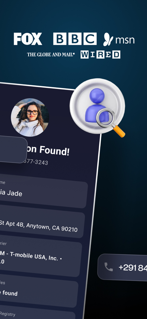 ClarityCheck - Scam Detection - Interfaccia dell'app ClarityCheck che mostra i risultati dell'identificazione del chiamante e le menzioni mediatiche di Fox e BBC