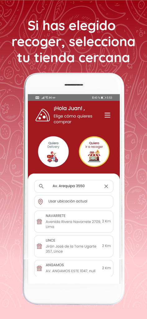 Pizza Raul - Interface of the Pizza Raul app showing the option to pick up an order and a list of nearby store locations.