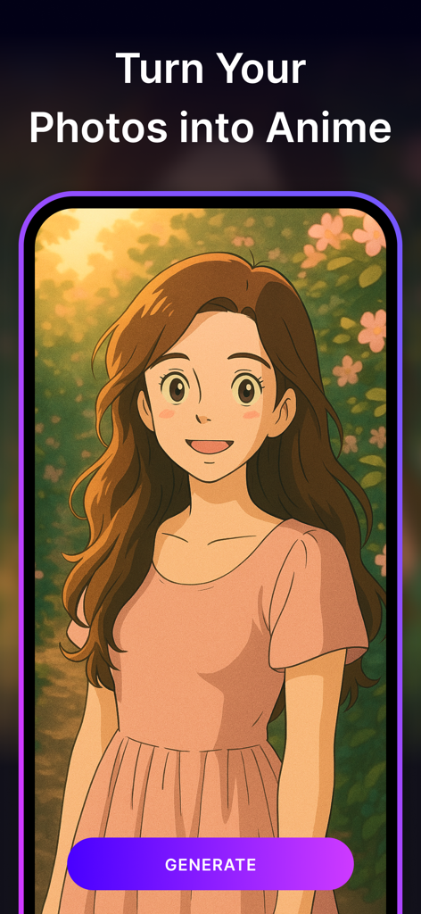 Cartoony: Cartoon Photo Editor - Un retrato de estilo anime de una mujer en una interfaz de aplicación móvil.