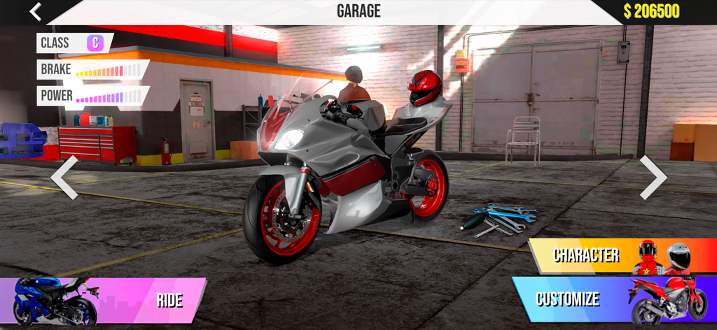 Una moto deportiva en el menú de personalización del garaje de Motorcycle Real Simulator